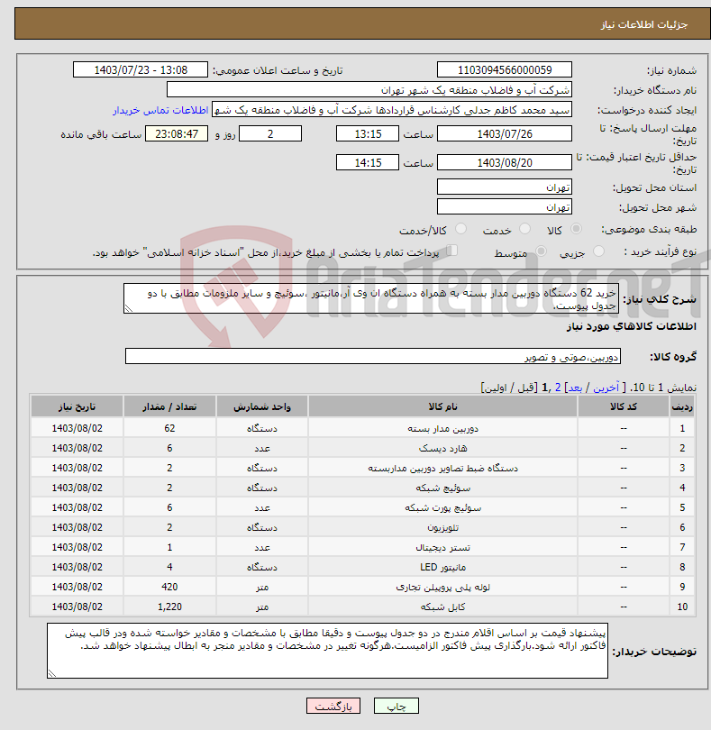 تصویر کوچک آگهی نیاز انتخاب تامین کننده-خرید 62 دستگاه دوربین مدار بسته به همراه دستگاه ان وی آر،مانیتور ،سوئیچ و سایر ملزومات مطابق با دو جدول پیوست.