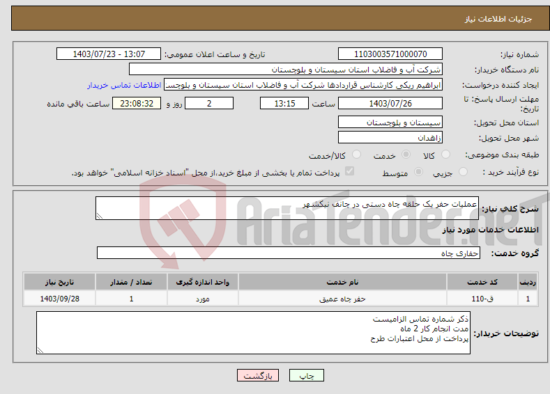 تصویر کوچک آگهی نیاز انتخاب تامین کننده-عملیات حفر یک حلقه چاه دستی در چانف نیکشهر