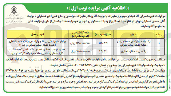 تصویر کوچک آگهی اجاره تعدادی از رقبات مسکونی و تجاری به متراژهای 112/82و64و86 مترمربع 