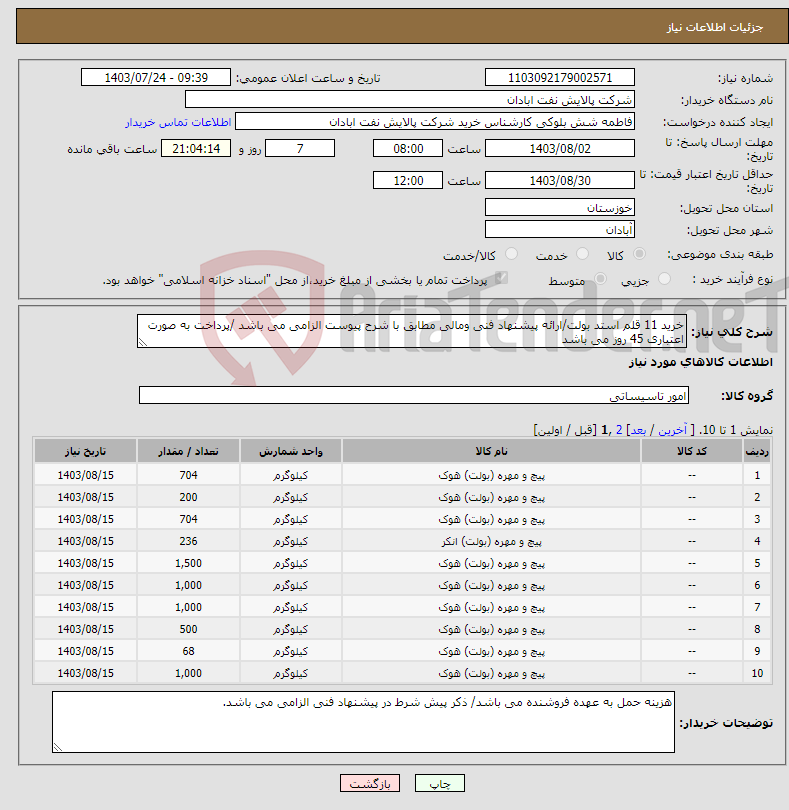 تصویر کوچک آگهی نیاز انتخاب تامین کننده-خرید 11 قلم استد بولت/ارائه پیشنهاد فنی ومالی مطابق با شرح پیوست الزامی می باشد /پرداخت به صورت اعتباری 45 روز می باشد