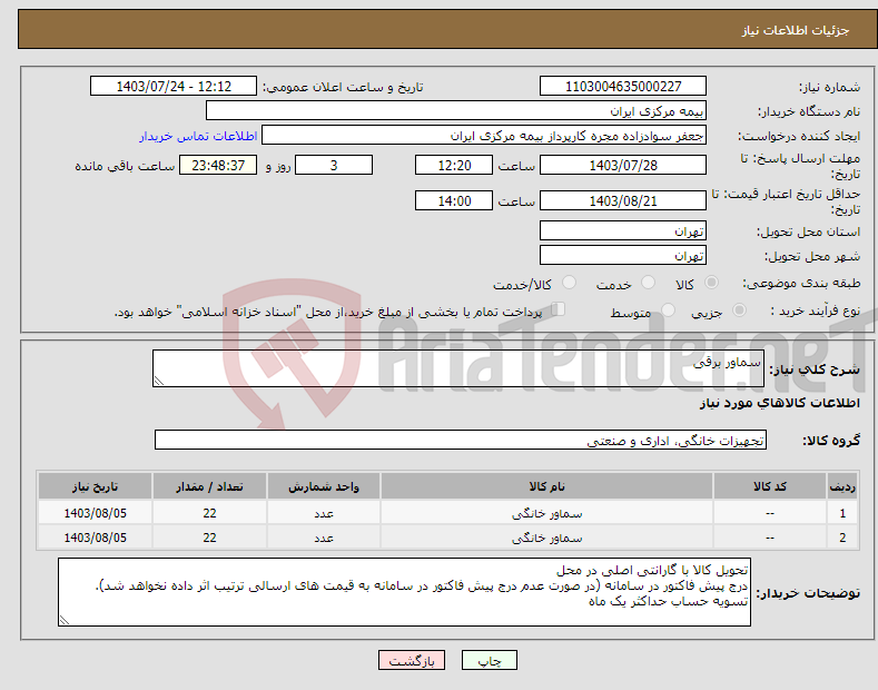 تصویر کوچک آگهی نیاز انتخاب تامین کننده-سماور برقی 