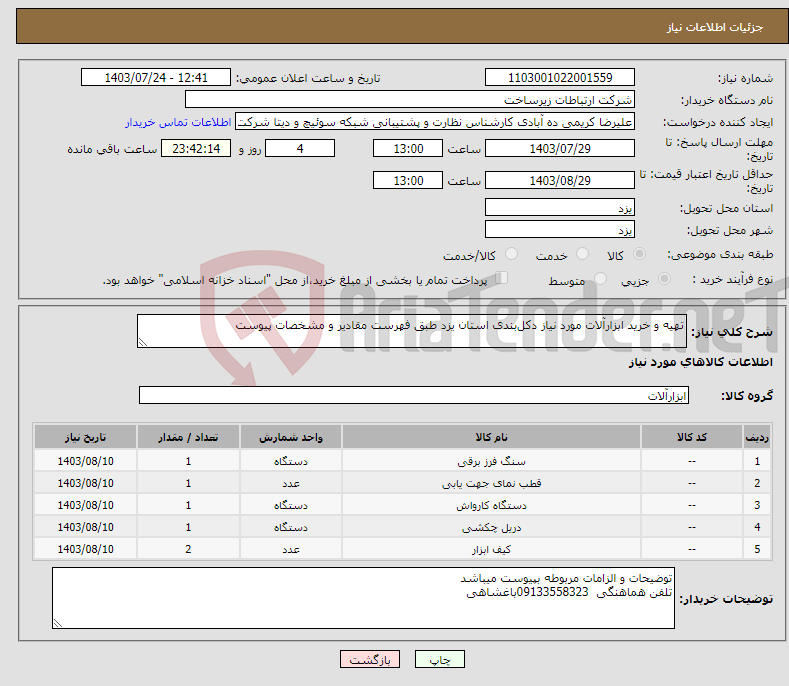 تصویر کوچک آگهی نیاز انتخاب تامین کننده-تهیه و خرید ابزارآلات مورد نیاز دکل‌بندی استان یزد طبق فهرست مقادیر و مشخصات پیوست 