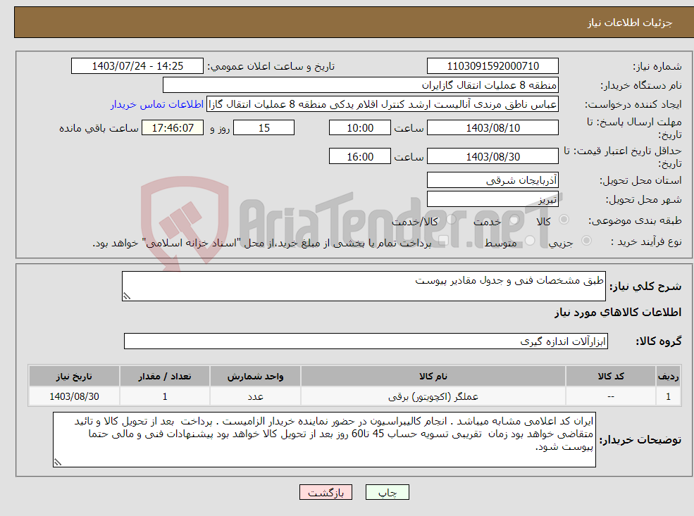 تصویر کوچک آگهی نیاز انتخاب تامین کننده-طبق مشخصات فنی و جدول مقادیر پیوست