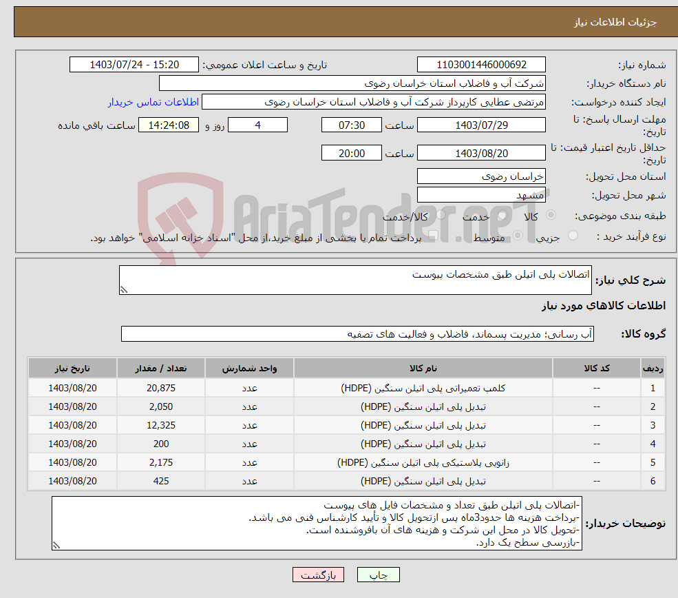 تصویر کوچک آگهی نیاز انتخاب تامین کننده-اتصالات پلی اتیلن طبق مشخصات پیوست