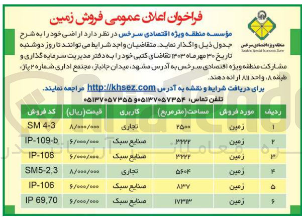 تصویر کوچک آگهی فروش اراضی در 6 ردیف باکاربری تجاری ،صنایع سبک 