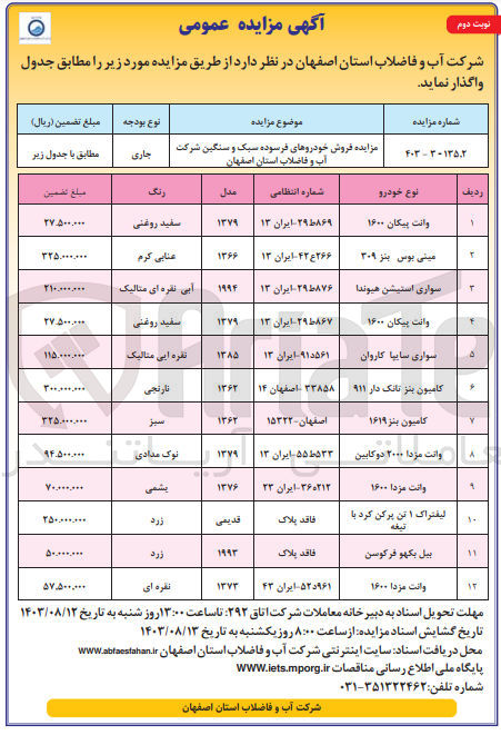 تصویر کوچک آگهی فروش خودروهای فرسوده سبک و سنگین شرکت آب و فاضلاب استان اصفهان :
مینی بوس بنز ۳۰۹ - ۴۲ع۲۶۶ - ایران ۱۳
سواری استیشن هیوندا ۸۷۶ط ۲۹ - ایران ۱۳
وانت پیکان ۱۶۰۰ - ۸۶۷ط ۲۹ - ایران ۱۳
سواری سایپا کاروان - ۹۱د۵۶۱ ایران ۱۳
کامیون بنز تانک دار ۹۱۱ - ۳۳۸۵۸ - اصفهان ۱۴
کامیون بنز ۱۶۱۹ - اصفهان-۱۵۳۲۲
وانت مزدا ۲۰۰۰ دو کابین - ۵۳۳ط ۵۵ ایران ۱۳
وانت مزدا ۱۶۰۰ - ۳۶هـ۲۱۲- ایران ۲۳
وانت پیکان ۱۶۰۰ - ۸۶۹ط ۲۹ - ایران ۱۳
لیفتراک ۱ تن پرکن کرد با تیغه فاقد پلاک
بیل بکهو فرکوسن فاقد پلاک
وانت مزدا ۱۶۰۰ - ۵۲د۹۶۱ ایران ۴۳