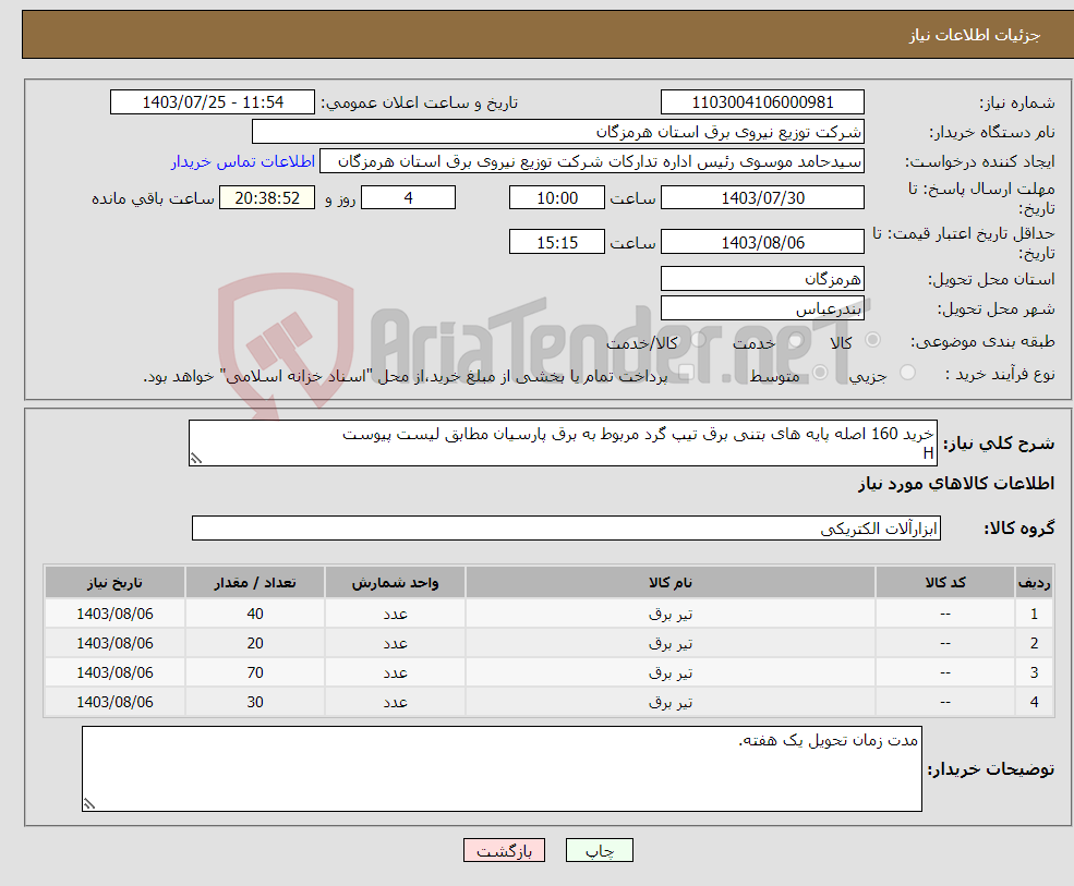 تصویر کوچک آگهی نیاز انتخاب تامین کننده-خرید 160 اصله پایه های بتنی برق تیپ گرد مربوط به برق پارسیان مطابق لیست پیوست H