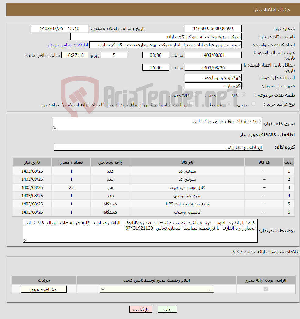 تصویر کوچک آگهی نیاز انتخاب تامین کننده-خرید تجهیزات بروز رسانی مرکز تلفن