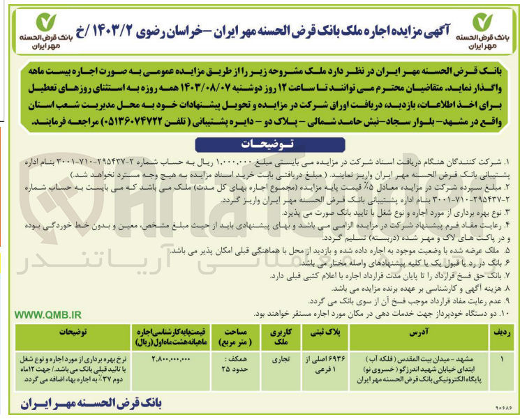 تصویر کوچک آگهی  اجاره ملک بانک قرض الحسنه مهر ایران-خراسان رضوی با پلاک ثبتی 6936 اصلی از 1 فرعی با کاربری تجاری