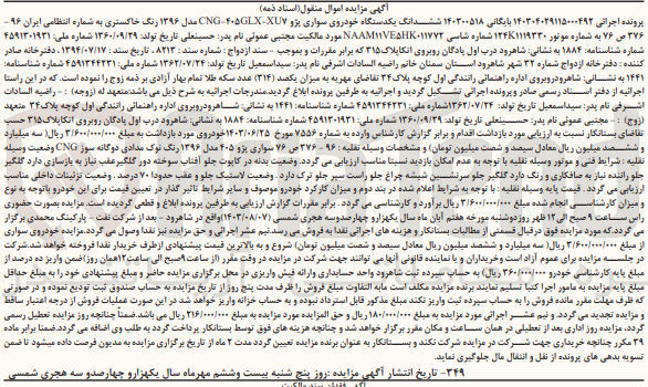 تصویر کوچک آگهی بایگانی : 140300518
فروش ششدانگ یک دستگاه خودروی سواری پژو CNG-405GLX-XU7 رنگ خاکستری به شماره انتظامی 96 - 376 ص 76
