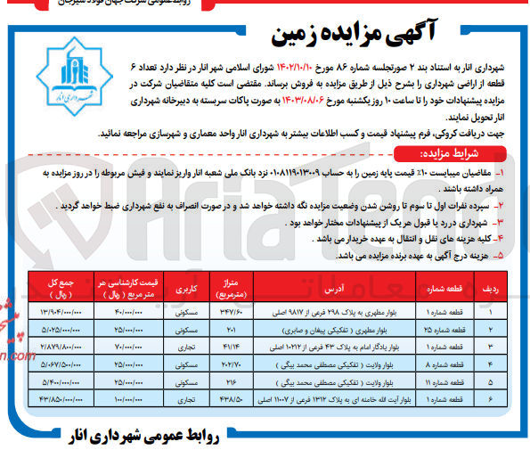 تصویر کوچک آگهی فروش تعداد 6 قطعه از اراضی شهرداری باکاربری مسکونی و تجاری 