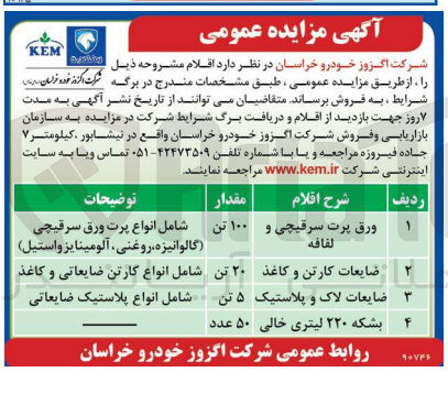تصویر کوچک آگهی فروش اقلام زیر :
ورق پرت سرقیچی و لفافه
ضایعات کارتن و کاغذ 
 ضایعات لاک و پلاستیک
بشکه ۲۲۰ لیتری خالی 