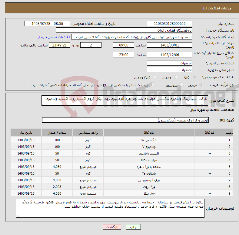 تصویر کوچک آگهی نیاز انتخاب تامین کننده-تارگت اسپاترینگ وانادیوم-تنگستن-مولیبدم-تانتالوم-نقره-آلومینیوم-روی-نیکل کروم-اکسید روی-اکسید وانادیوم 