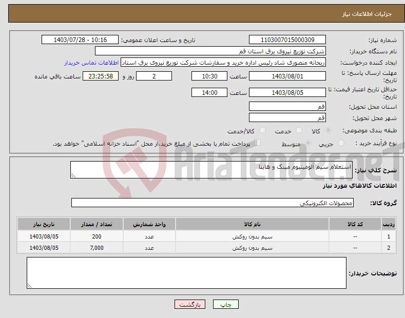 تصویر کوچک آگهی نیاز انتخاب تامین کننده-استعلام سیم آلومینیوم مینک و هاینا 