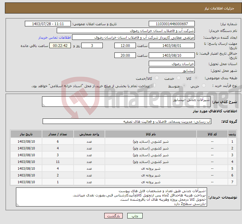 تصویر کوچک آگهی نیاز انتخاب تامین کننده-شیرآلات چدنی -نیشابور