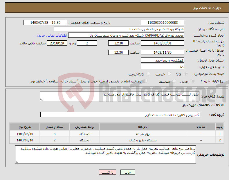 تصویر کوچک آگهی نیاز انتخاب تامین کننده-طبق لیست پیوست قیمت گذاری گردد..پیش فاکتور الزامی میباشد 