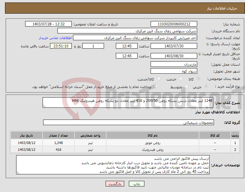تصویر کوچک آگهی نیاز انتخاب تامین کننده-1248 لیتر معادل شش بشکه روغن 20W50 و 416 لیتر معادل دو بشکه روغن هیدرولیک H68