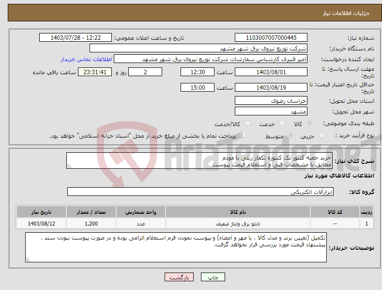 تصویر کوچک آگهی نیاز انتخاب تامین کننده-خرید جعبه کنتور تک کنتوره تکفاز ریلی با مودم مطابق با مشخصات فنی و استعلام قیمت پیوست