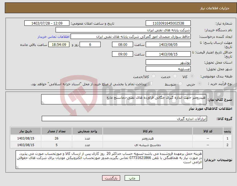 تصویر کوچک آگهی نیاز انتخاب تامین کننده-هیدرومتر جهت اندازه گیری چگالی فراورده های نفتی-دماسنج مایع