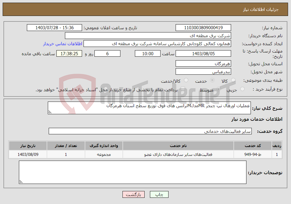 تصویر کوچک آگهی نیاز انتخاب تامین کننده-عملیات اورهال تپ چنجر MRمدلMترانس های فوق توزیع سطح استان هرمزگان 