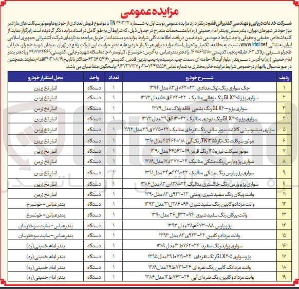 تصویر کوچک آگهی فروش تعدادی خودرو و موتور سیکلت مازاد در 19 ردیف شامل :
سواری پژو پارس ،وانت پیکان ،وانت مزدا دو کابین ،سواری جک ،سواری میتسوبیشی ،موتور سیکلت تک تاز و....