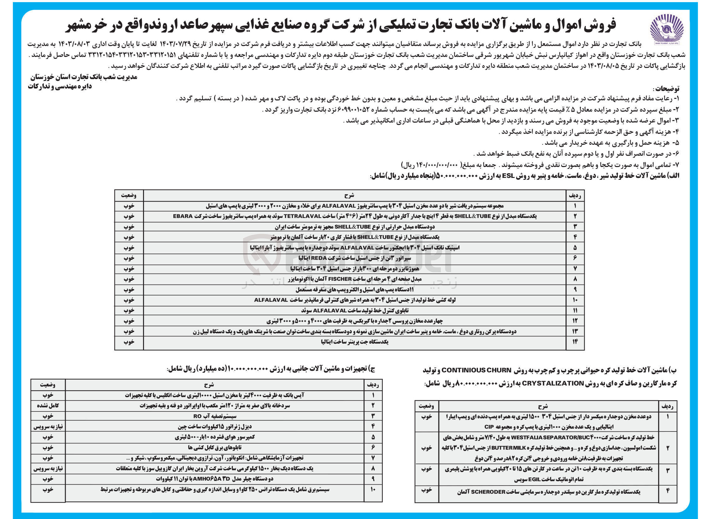 تصویر کوچک آگهی فروش اموال مستعمل و ماشین آلات بانک تجارت تملیکی از شرکت گروه صنایع غذایی سپهر صاعد اروند :
1-  ماشین آلات خط تولید شیر دوغ ماست خامه و پنیر به روش ESL
2- ماشین آلات خط تولید کره حیوانی پرچرب و کم چرب به روش CONTINIOUS CHURN و تولید کره مارگارین و صاف کره ای به روش CRYSTALIZATION 
3- تجهیزات و ماشین آلات جانبی