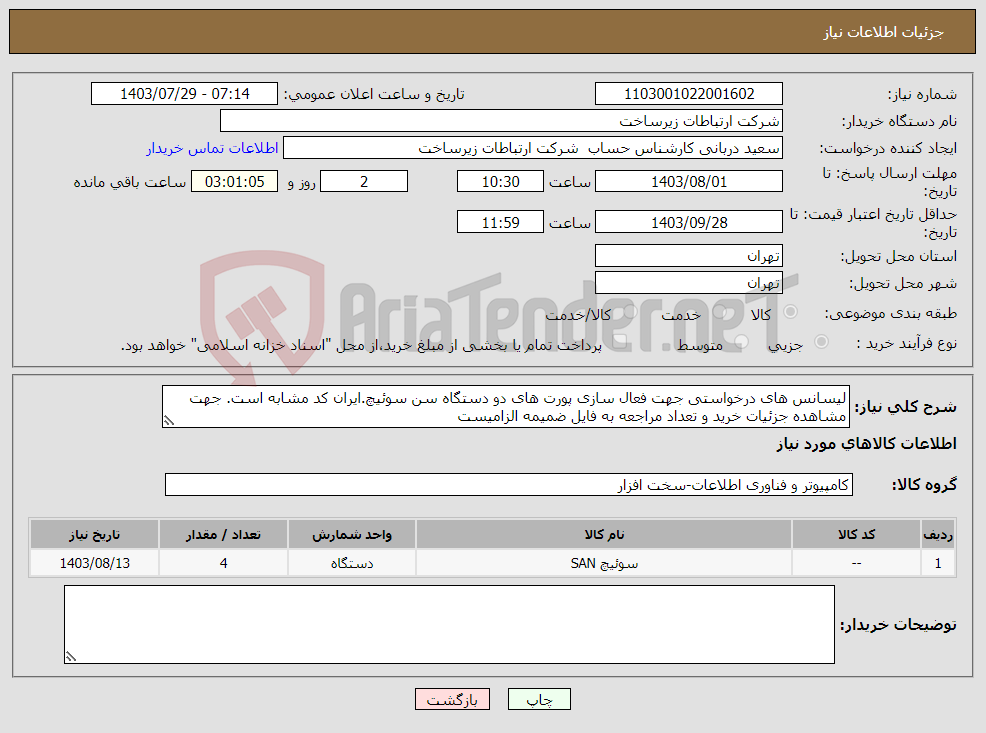 تصویر کوچک آگهی نیاز انتخاب تامین کننده-لیسانس های درخواستی جهت فعال سازی پورت های دو دستگاه سن سوئیچ.ایران کد مشابه است. جهت مشاهده جزئیات خرید و تعداد مراجعه به فایل ضمیمه الزامیست 