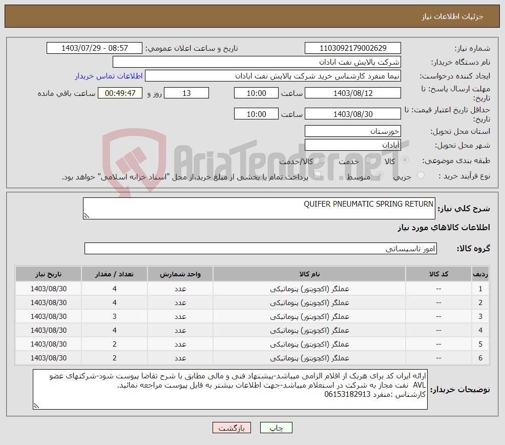 تصویر کوچک آگهی نیاز انتخاب تامین کننده-QUIFER PNEUMATIC SPRING RETURN