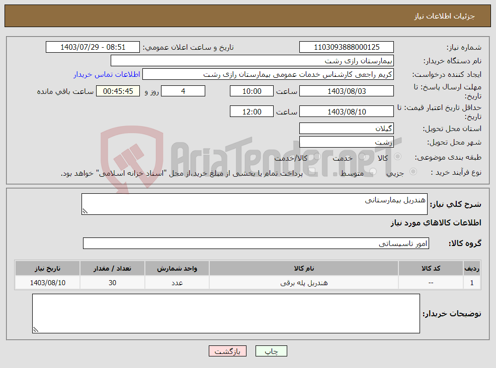 تصویر کوچک آگهی نیاز انتخاب تامین کننده-هندریل بیمارستانی