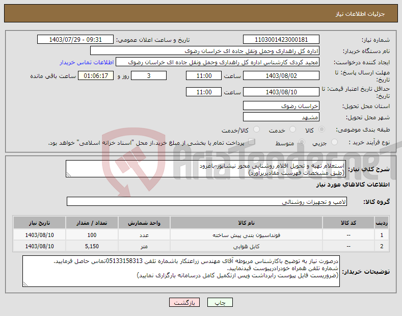 تصویر کوچک آگهی نیاز انتخاب تامین کننده-استعلام تهیه و تحویل اقلام روشنایی محور نیشابور-باغرود (طبق مشخصات فهرست مقادیربرآورد)