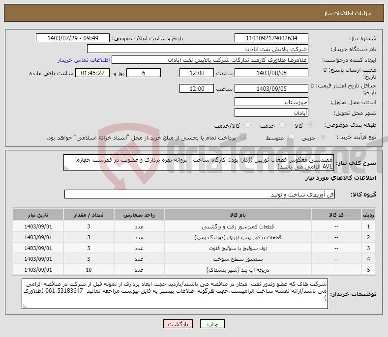 تصویر کوچک آگهی نیاز انتخاب تامین کننده-مهندسی معکوس قطعات توربین ((دارا بودن کارگاه ساخت ، پروانه بهره برداری و عضویت در فهرست چهارم AVL الزامی می باشد)