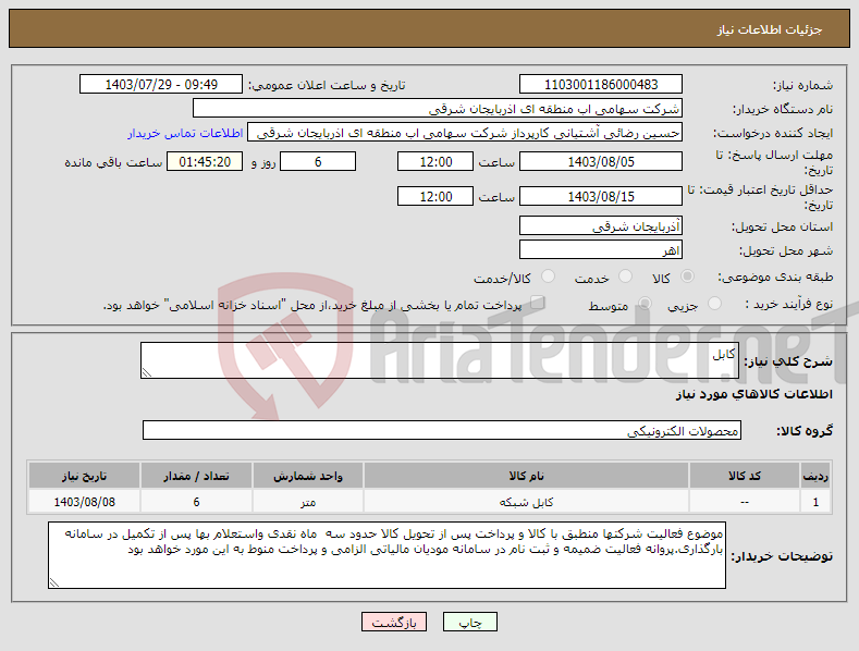 تصویر کوچک آگهی نیاز انتخاب تامین کننده-کابل 