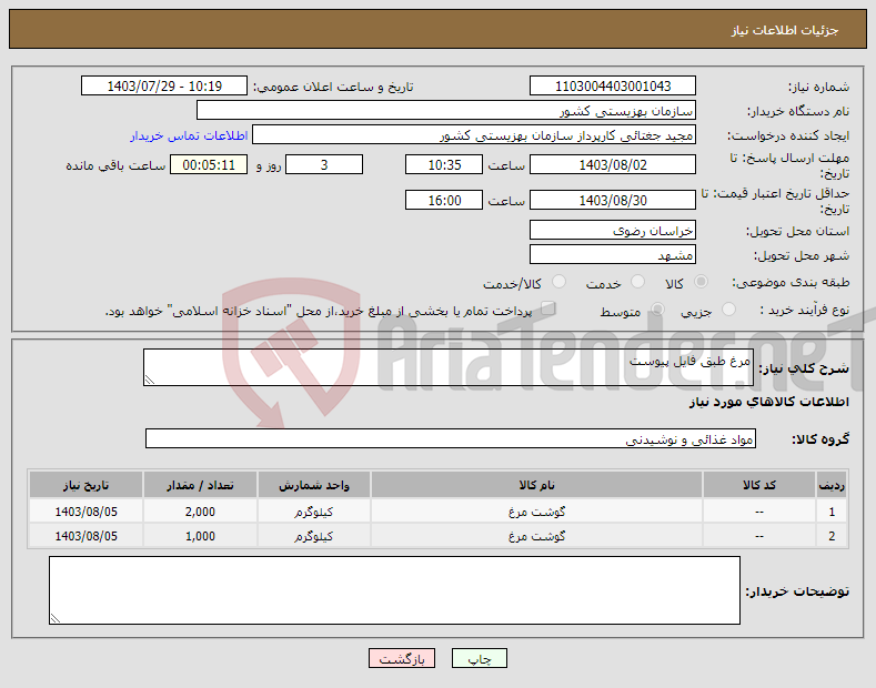 تصویر کوچک آگهی نیاز انتخاب تامین کننده-مرغ طبق فایل پیوست