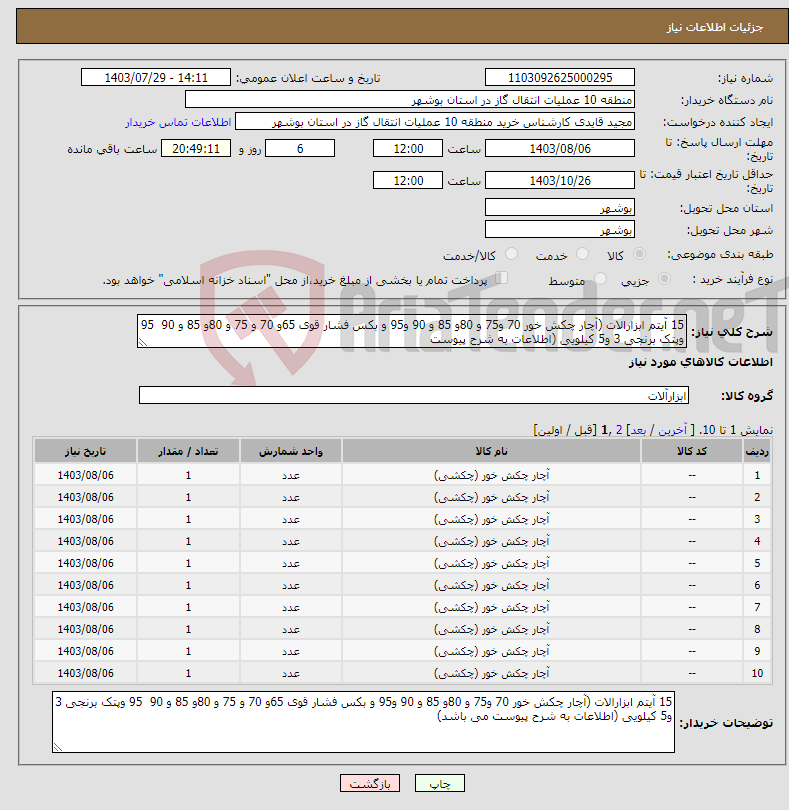 تصویر کوچک آگهی نیاز انتخاب تامین کننده-15 آیتم ابزارالات (آچار چکش خور 70 و75 و 80و 85 و 90 و95 و بکس فشار قوی 65و 70 و 75 و 80و 85 و 90 95 وپتک برنجی 3 و5 کیلویی (اطلاعات به شرح پیوست