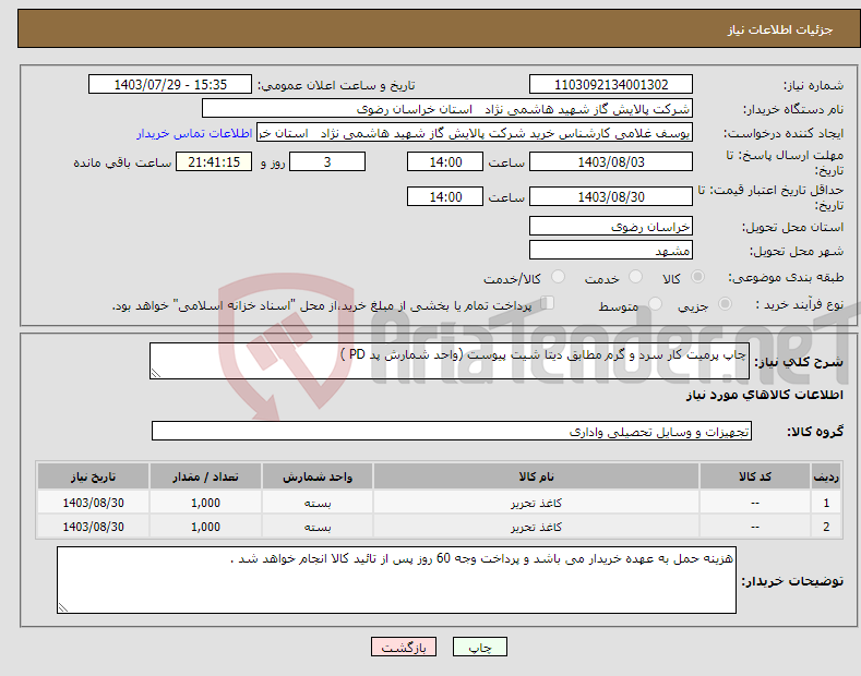 تصویر کوچک آگهی نیاز انتخاب تامین کننده-چاپ پرمیت کار سرد و گرم مطابق دیتا شیت پیوست (واحد شمارش پد PD )