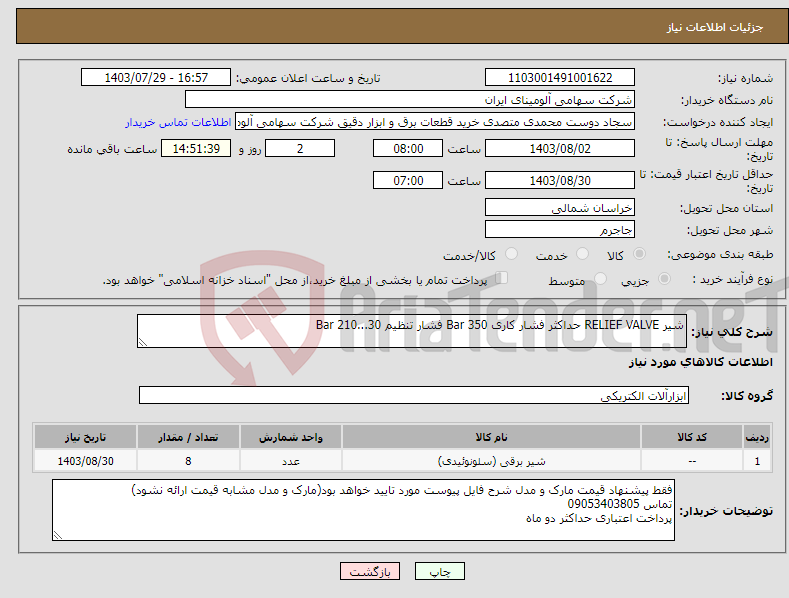 تصویر کوچک آگهی نیاز انتخاب تامین کننده-شیر RELIEF VALVE حداکثر فشار کاری Bar 350 فشار تنظیم Bar 210...30