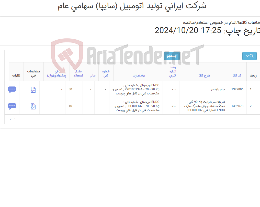 تصویر کوچک آگهی تامین دو ردیف درام ‎ و فنر بالانسر‏