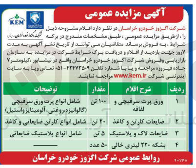 تصویر کوچک آگهی فروش اقلام شامل :
ورق پرت سرقیچی و لفافه ،ضایعات کارتن وکاغذ ،ضایعات لاک و پلاستیک ،بشکه 220 لیتری خالی 