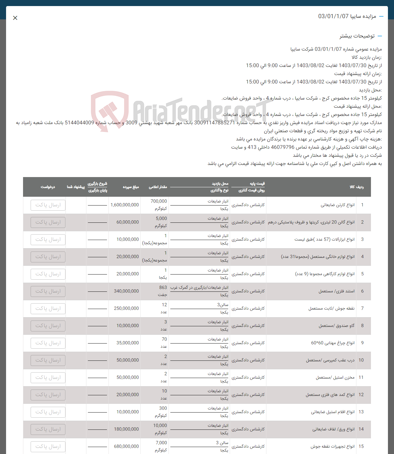 تصویر کوچک آگهی فروش اقلام در 15 ردیف شامل: انواع کارتن ضایعاتی -انواع گالن -انولع لوازم خانگی -انواع لوازم کارگاهی -استتد فلزی -نقطه جوش -کاوه صندق0انواع چراغ مهتابی- درب عقب کمپرسی- مخزل استیل- انواع کمد انواع اقلام استیل-انواع تجهیزات نقطه جوش