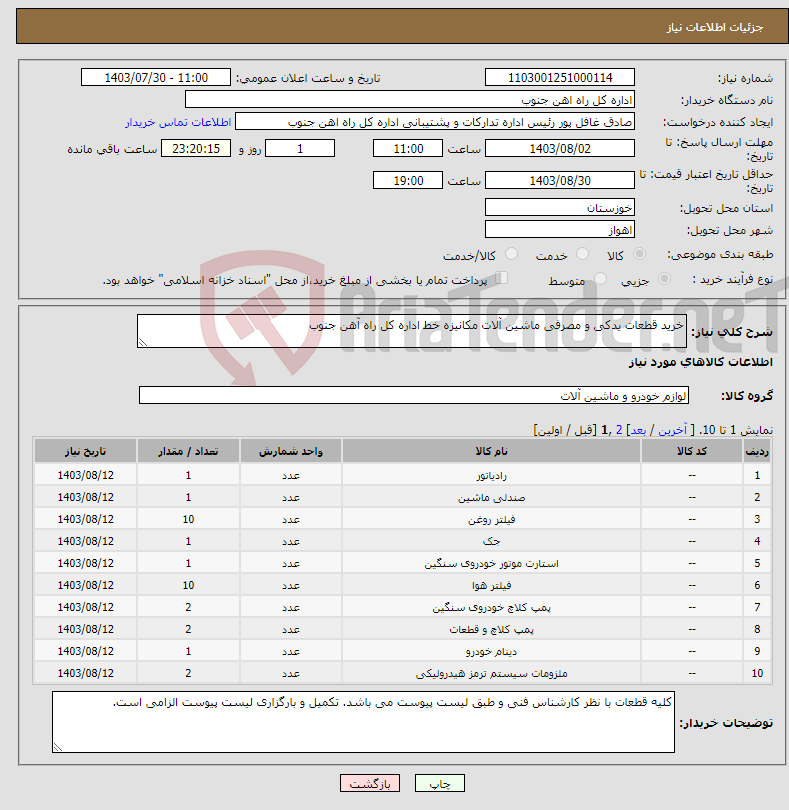 تصویر کوچک آگهی نیاز انتخاب تامین کننده-خرید قطعات یدکی و مصرفی ماشین آلات مکانیزه خط اداره کل راه آهن جنوب