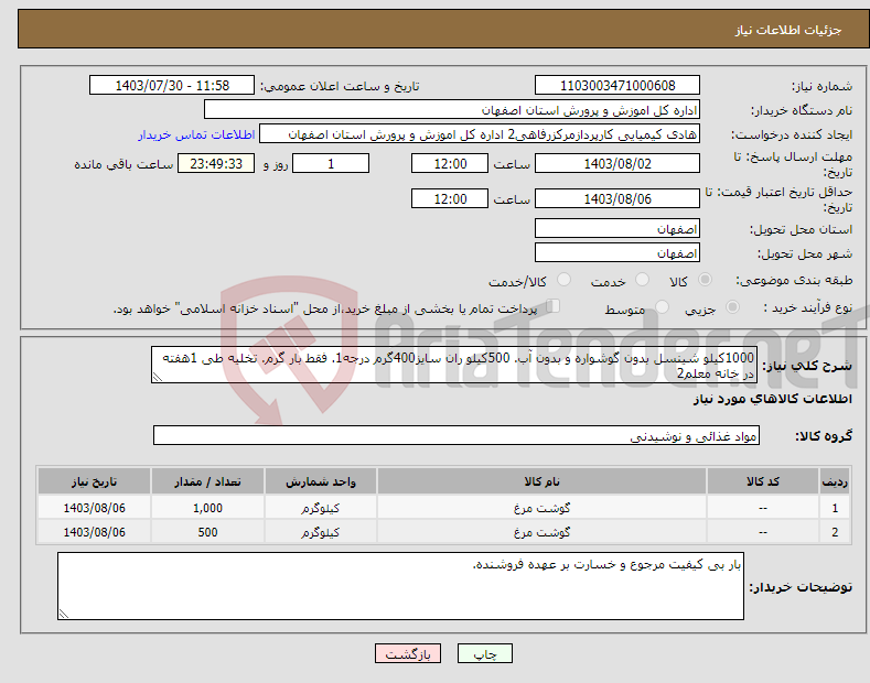تصویر کوچک آگهی نیاز انتخاب تامین کننده-1000کیلو شینسل بدون گوشواره و بدون آب. 500کیلو ران سایز400گرم درجه1. فقط بار گرم. تخلیه طی 1هفته در خانه معلم2