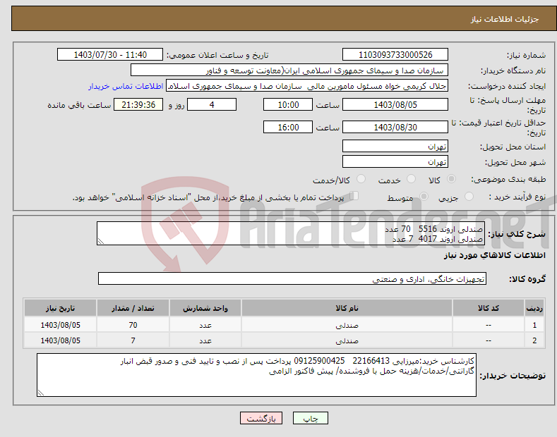 تصویر کوچک آگهی نیاز انتخاب تامین کننده-صندلی اروند 5516 70 عدد صندلی اروند 4017 7 عدد 