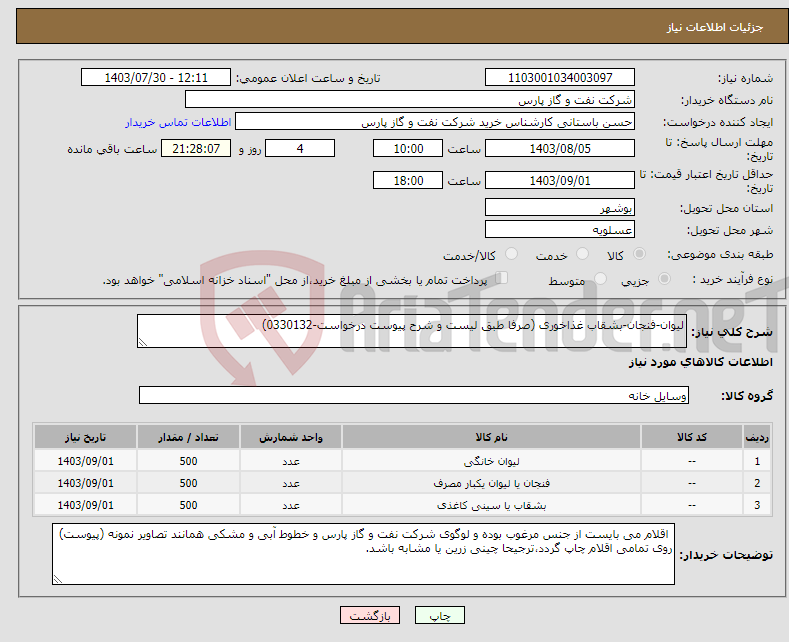 تصویر کوچک آگهی نیاز انتخاب تامین کننده-لیوان-فنجان-بشقاب غذاخوری (صرفا طبق لیست و شرح پیوست درخواست-0330132)