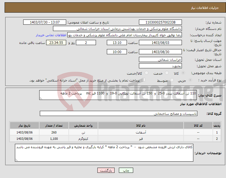 تصویر کوچک آگهی نیاز انتخاب تامین کننده-110 تن آسفالت بیندر 0-25 و 150 تن آسفالت توپکاپی 0-19 و 1100 قیر mc پرداخت 2 ماهه