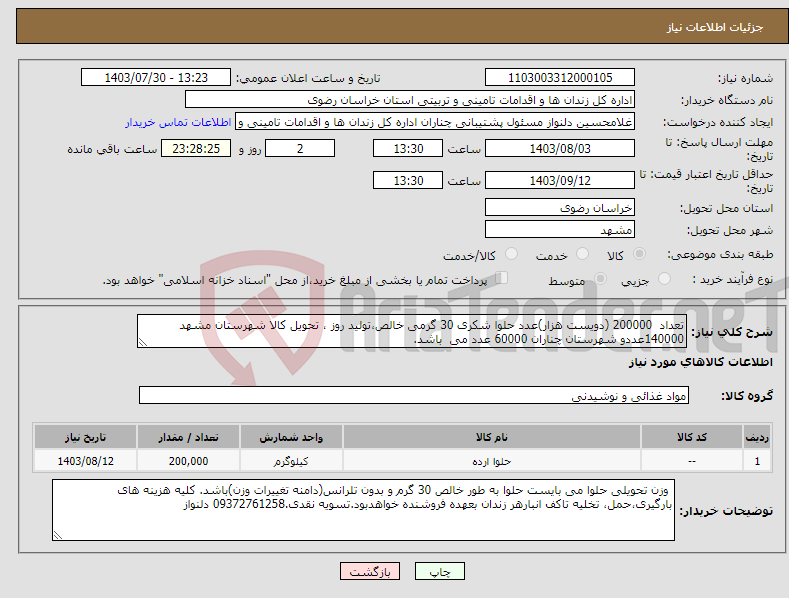 تصویر کوچک آگهی نیاز انتخاب تامین کننده-تعداد 200000 (دویست هزار)عدد حلوا شکری 30 گرمی خالص،تولید روز ، تحویل کالا شهرستان مشهد 140000عددو شهرستان چناران 60000 عدد می باشد.