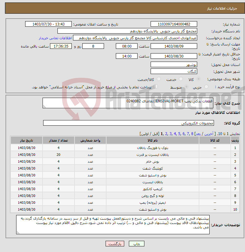 تصویر کوچک آگهی نیاز انتخاب تامین کننده-قطعات یدکی پمپ ENSIVAL-MORET//تقاضای 0240082