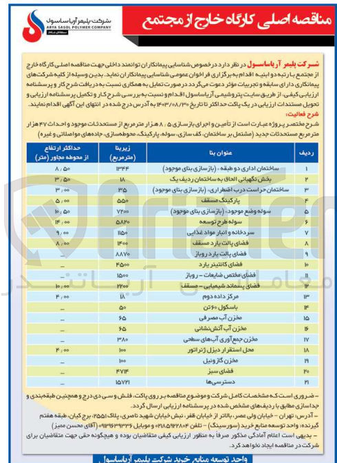 تصویر کوچک آگهی شناسایی پیمانکاران داخلی جهت مناقصه اصلی کارگاه خارج از مجتمع 