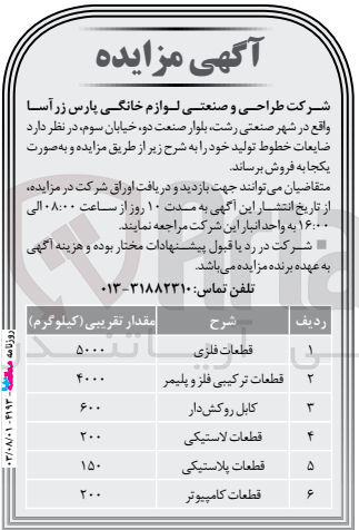 تصویر کوچک آگهی فروش ضایعات خطوط تولید :
قطعات فلزی
قطعات ترکیبی فلز و پلیمر
کابل روکش دار
قطعات لاستیکی
قطعات پلاستیکی
قطعات کامپیوتر