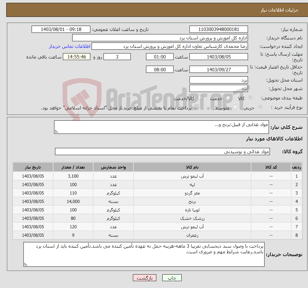 تصویر کوچک آگهی نیاز انتخاب تامین کننده-مواد غذایی از قبیل:برنج و...