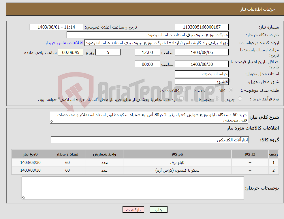 تصویر کوچک آگهی نیاز انتخاب تامین کننده-خرید 60 دستگاه تابلو توزیع هوایی کنترل پذیر 2 در80 آمپر به همراه سکو مطابق اسناد استعلام و مشخصات فنی پیوستی